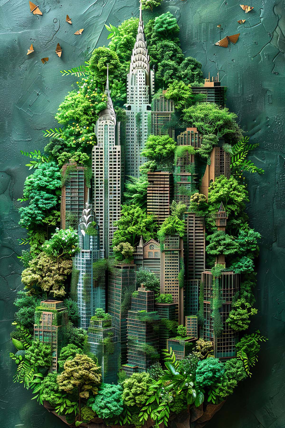 モコモコした草木の中に建っているビル群のイラスト