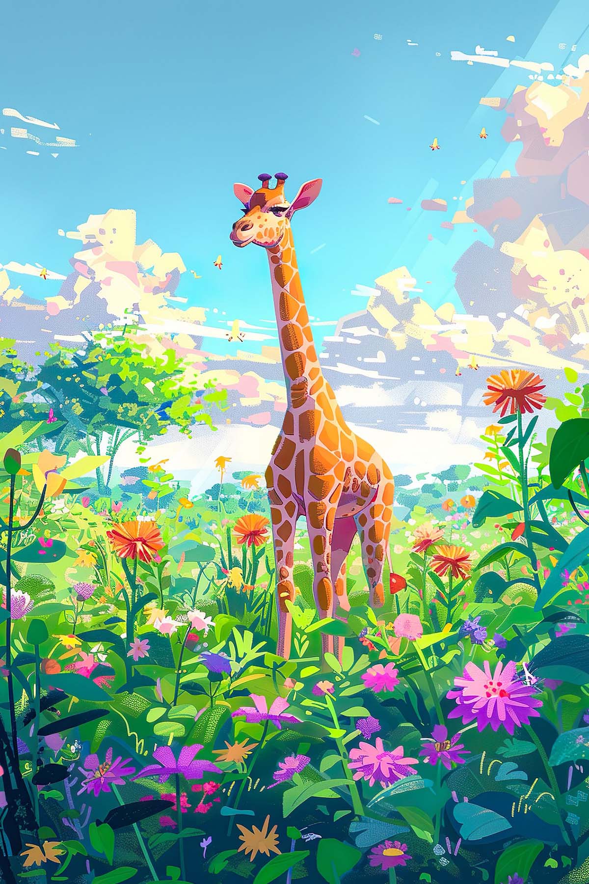 草原の中のキリンのイラスト